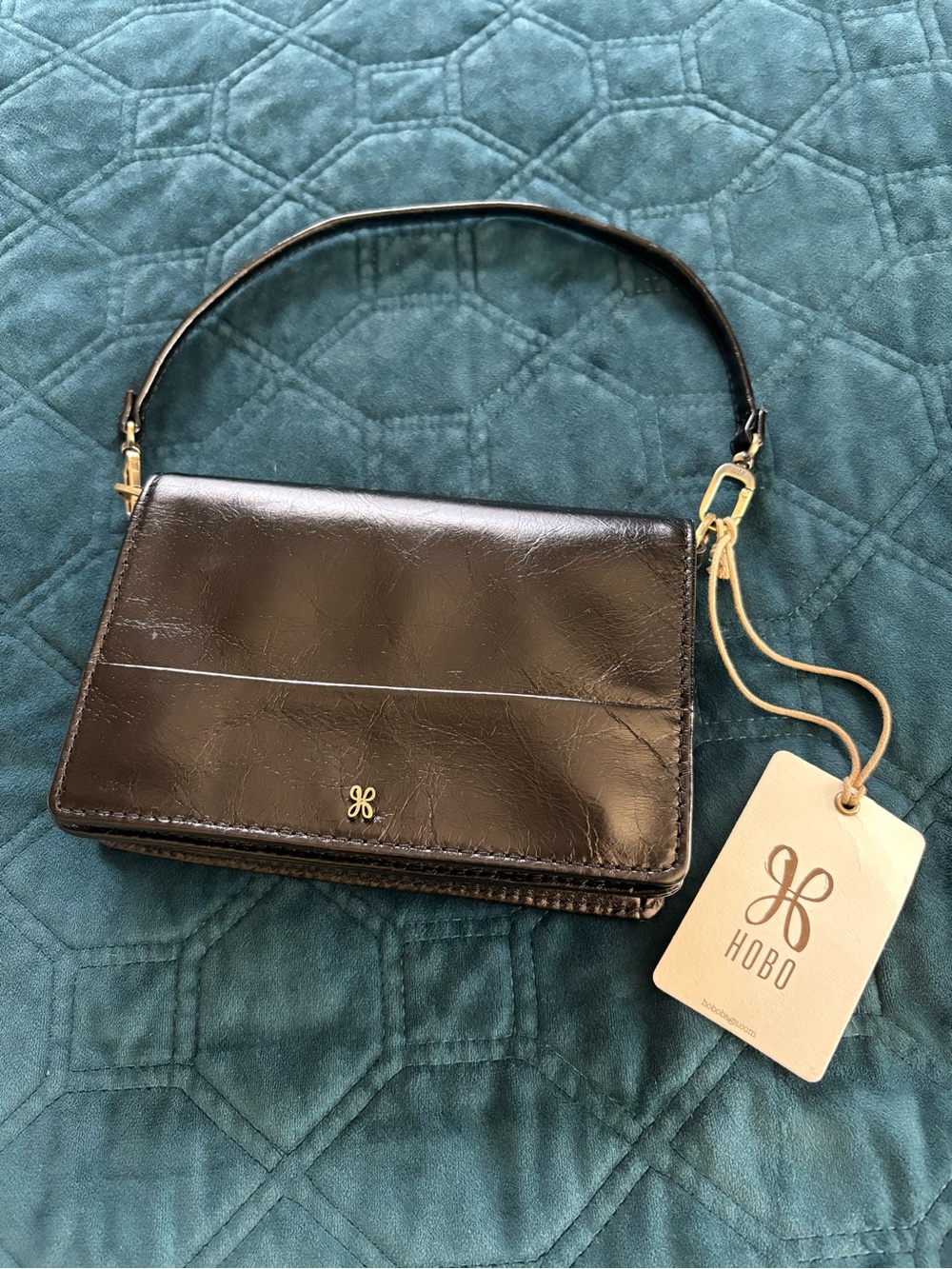 NWT HOBO Black Leather Wristlet Clutch with Matted Gold Hardware